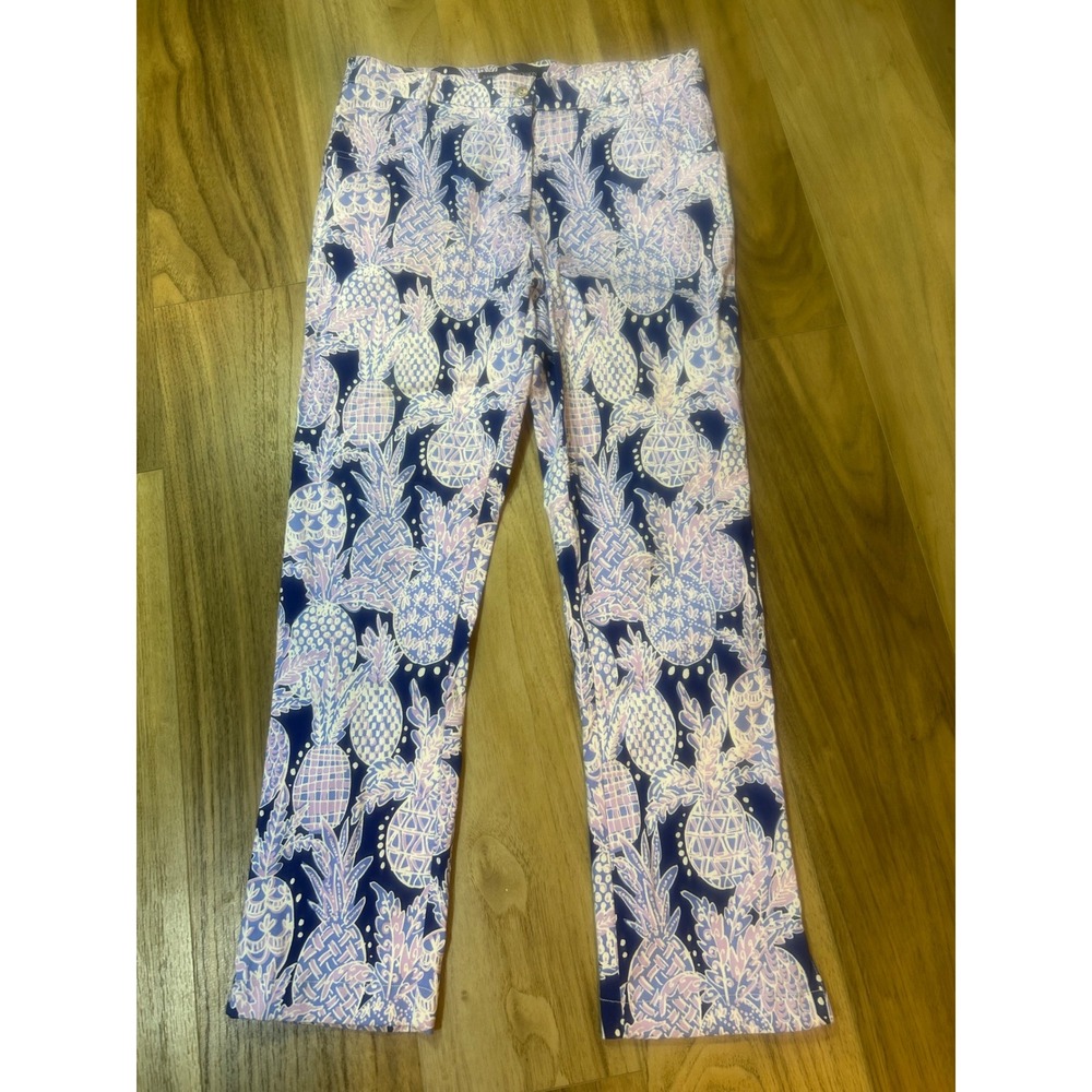 Barbara Erickson Womens Pineapple Print Ankle Pants Navy Blue Lavender Size 12